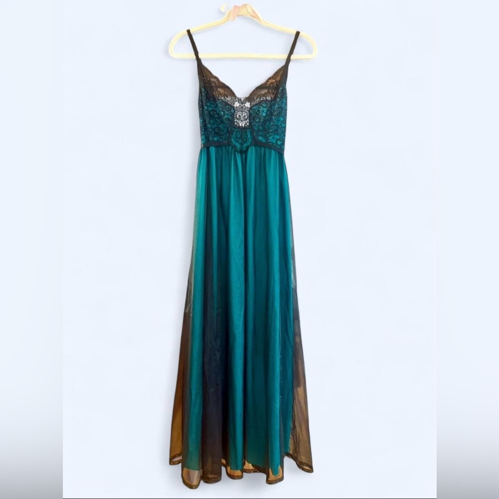 RARE Vintage Olga Teal and Black Maxi Dress